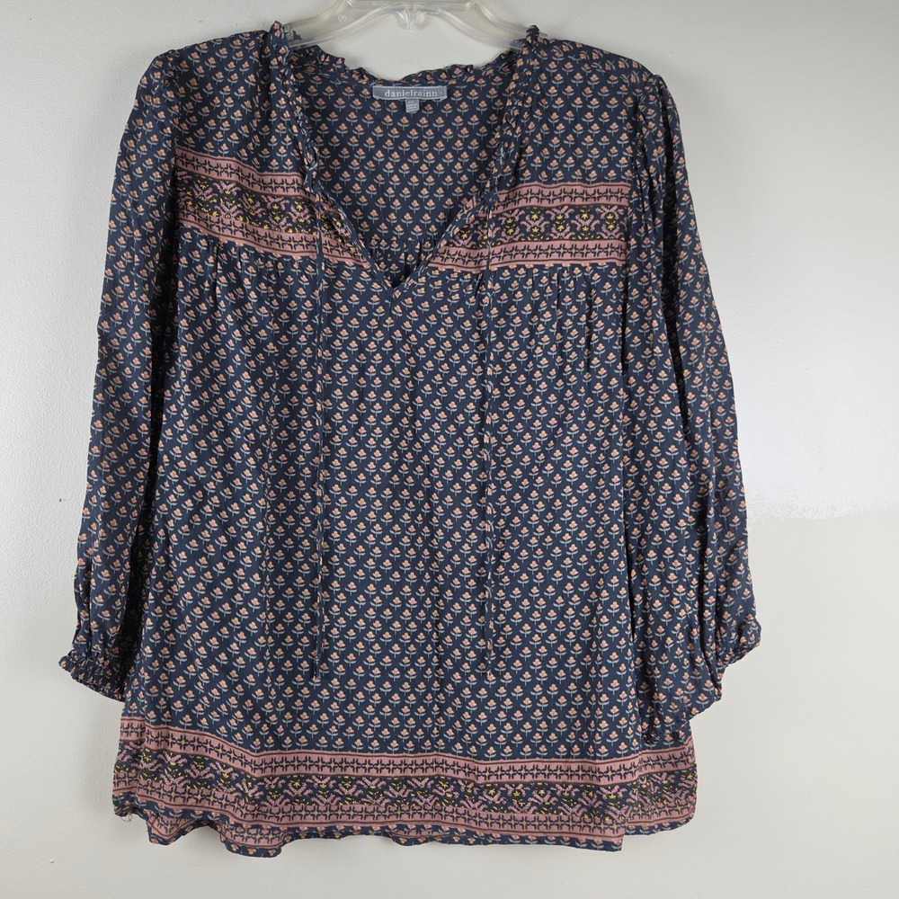 Daniel Rainn Navy Blue Floral Boho Peasant Blouse XXL Long Sleeve